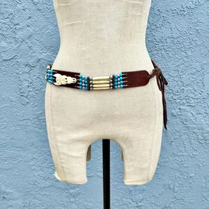 Western Leather Beaded Belt In Small Vintage Southwestern Festival Accessory